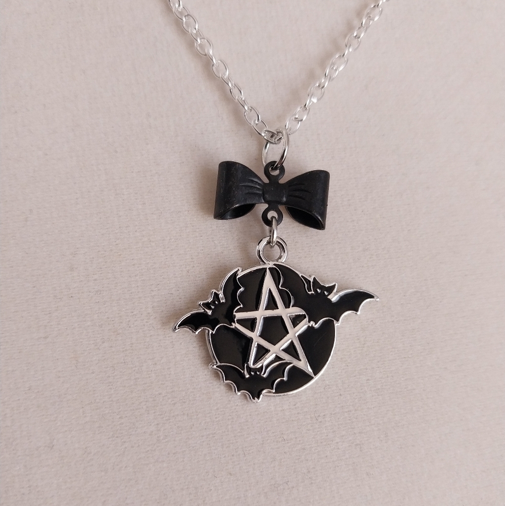 Goth silver & black enamel Bat Pentagram handmade Pagan necklace